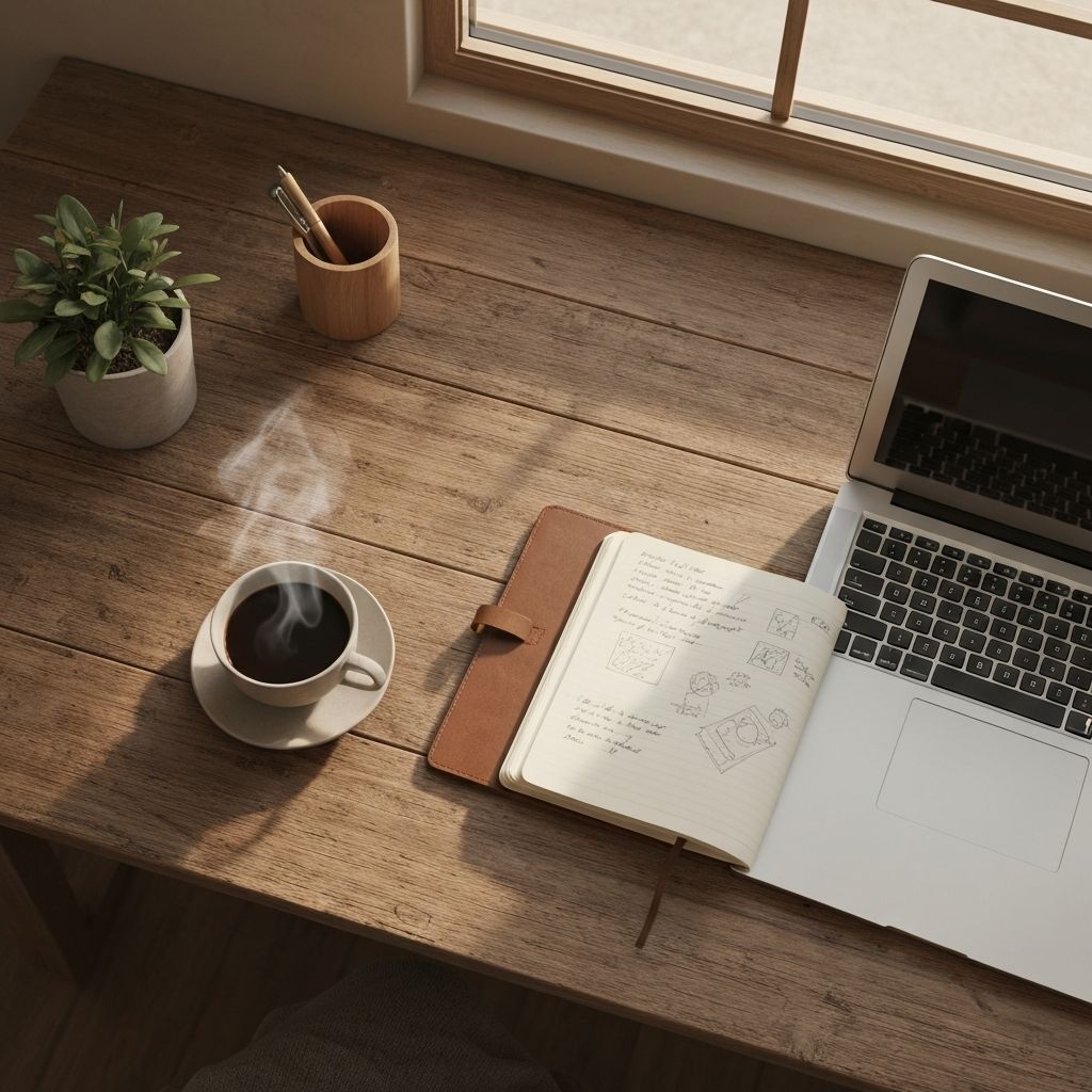 Coffee and laptop workspace